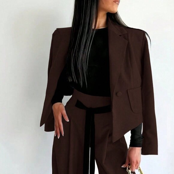 Coffee Brown Elegant Women's  Blazer Jacket & Wide Leg  Pants 2-Piece Set - Picture 6 of 7